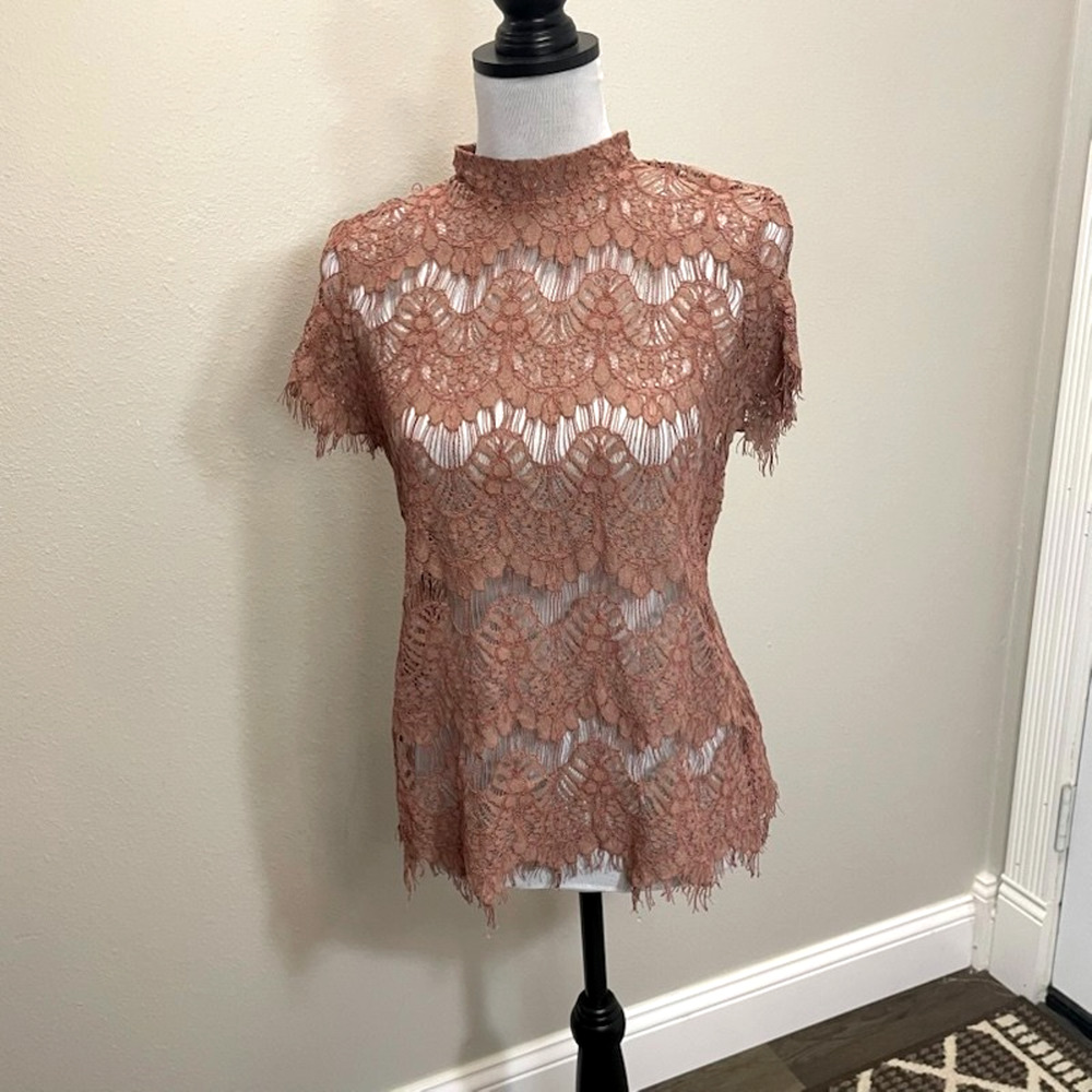 INNY Lace Overlay Blouse Short Sleeve Open Back Grunge Boho Festival Sz L